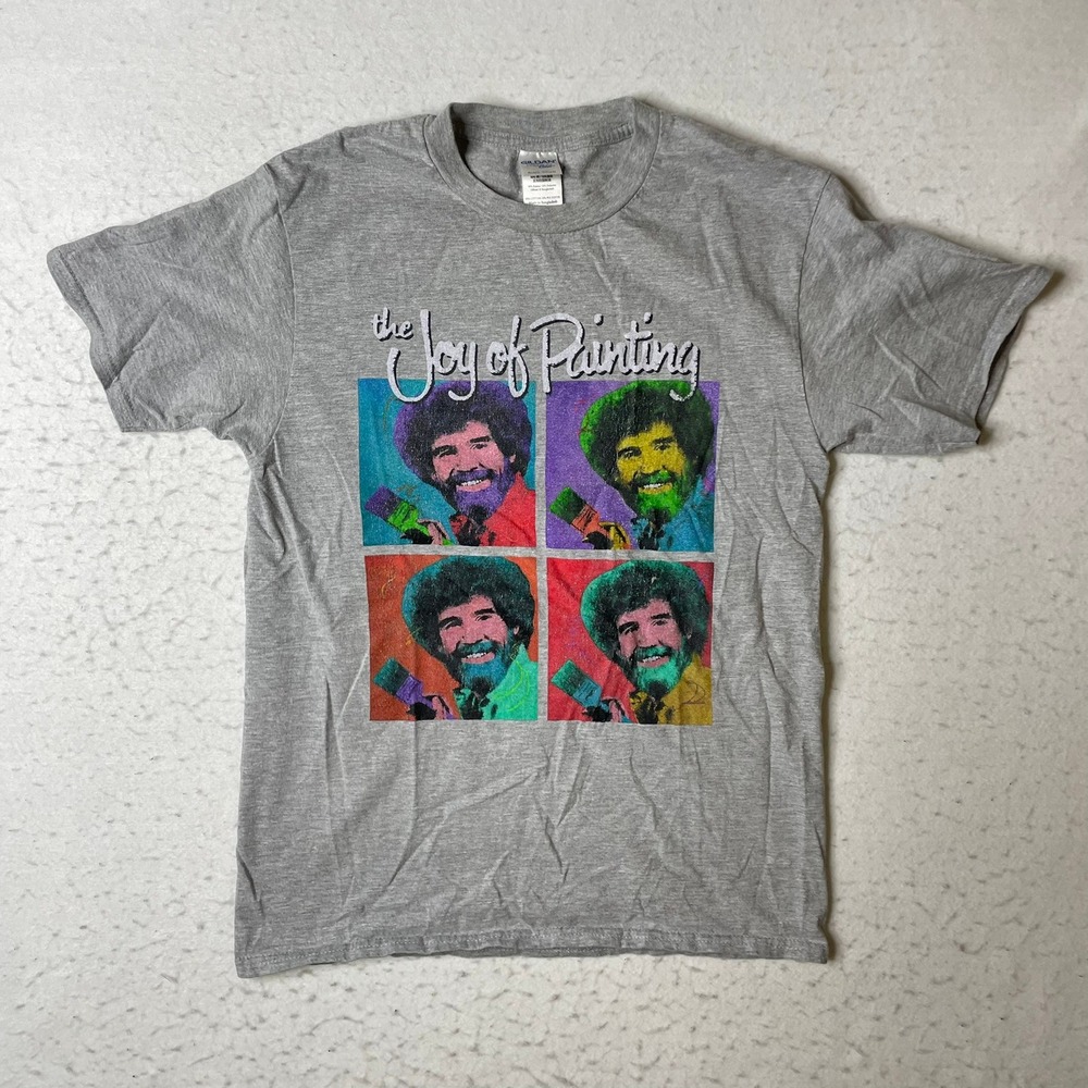 Gildan T-Shirt Adult‎ Small Gray Bob Ross Joy of Painting Pop Art Graphic Tee